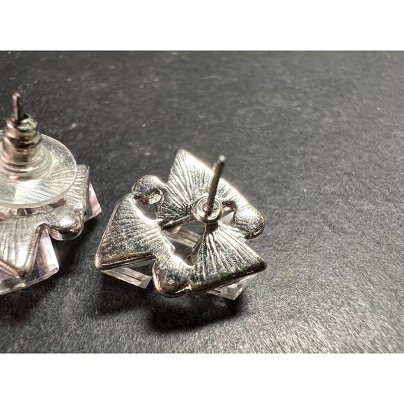 Vintage Silver Tone Crystal Cube Rhinestone Cluster Earrings - Picture 6 of 14